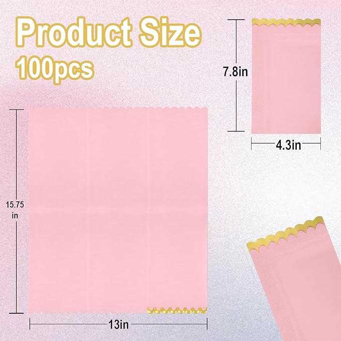 100 pack Pink Cocktail Napkins with Gold Foil Accents Scalloped Edges 4 x 8 inch Beverage Disposable Napkin Party Decoration Wedding Bridal and Baby Shower Dinner Lunch Supplies (Pink Mix)