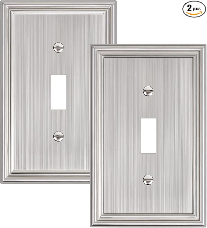 2-Pack Single Toggle Light Switch Cover Plate, Durable Solid Zinc Alloy Decorative Switch Plate Covers, Brushed Nickel 1 Gang Wall Plate, Corrosion Resistant