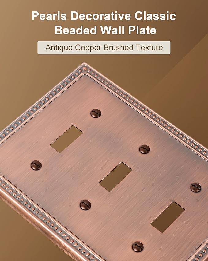 2-Pack Triple Toggle Light Switch Cover Plate, Pearls Decorative Switch Plate Covers, Antique Copper 3 Gang Metal Wall Plate, Corrosion Resistant
