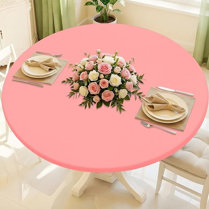 Round Spandex Tablecloth, Elastic Fitted Waterproof Tablecloths for 57"-68" Tables, Stretch Washable Picnic Table Cover for Camping, Dining, Indoor and Outdoor,Coral Red