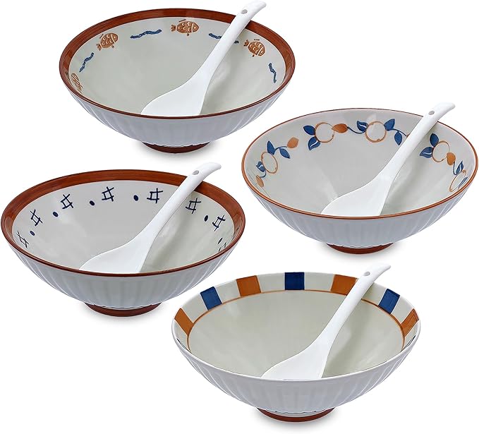 8 Inch Ramen Bowls Set of 4 with Spoon, 38 Oz Soup Bowls for Noodle,Udon,Vintage Japanese Style, Microwave & Dishwasher Safe