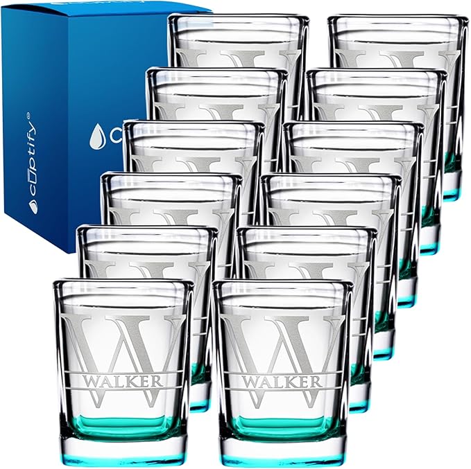 Personalized Square Shot Glasses Set of 12 Teal Bottom 2oz Engraved Initial and Name Custom Gifts, Weddings, Birthdays, Party, Event, Decorations
