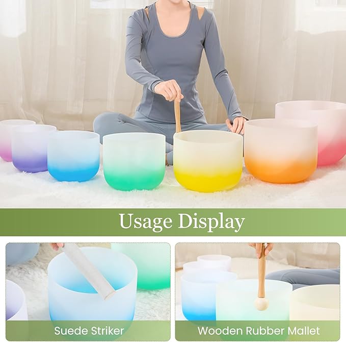 432HZ 6-12 Inch 7 Pcs Gradient Frosted Crystal Singing Bowl Set for Meditation Healing Yoga Chakra Quartz Crystal Sound Bowls with Heavy Duty Carry Cases and Rubber Mallet,Suede Striker,O-rings