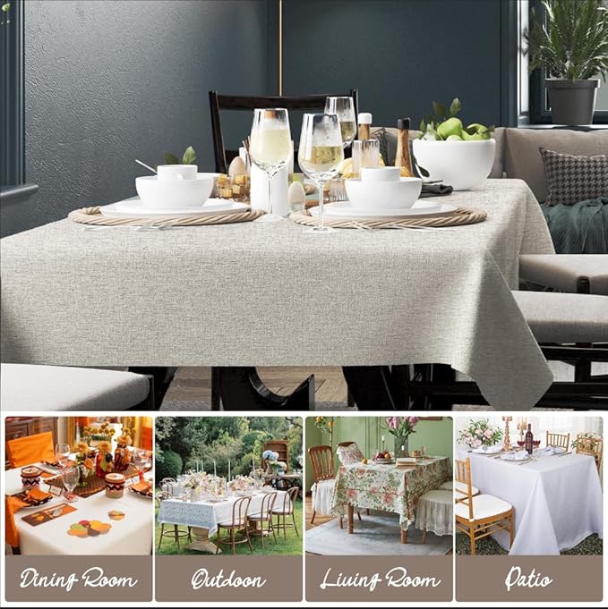 Rectangle Tablecloth Linen Texture Waterproof and Stain-Resistant Tablecloth, Kitchen Dining Table Decoration, 60 x 84 inch Fabric Natural Color