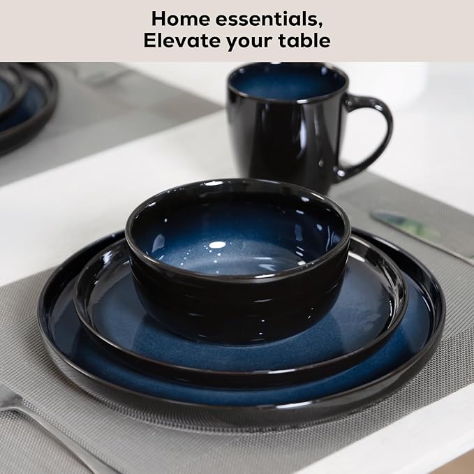 Romswi Ceramic 18Pcs Dinnerware Sets,Stoneware Plates and Bowls Set for 6, Chip & Scratch Resistant Dish Set, Handmade Reactive Glaze, Oven, Microwave & Dishwasher Safe, Dreamy Moonlight-Blue