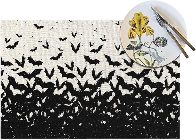 Halloween Placemats 12x18 Inches Set of 4,Black Bat Decorative Autumn Halloween Decoration Rectangle Black Linen Table Mats for Party Home Kitchen Dining Table Decoration