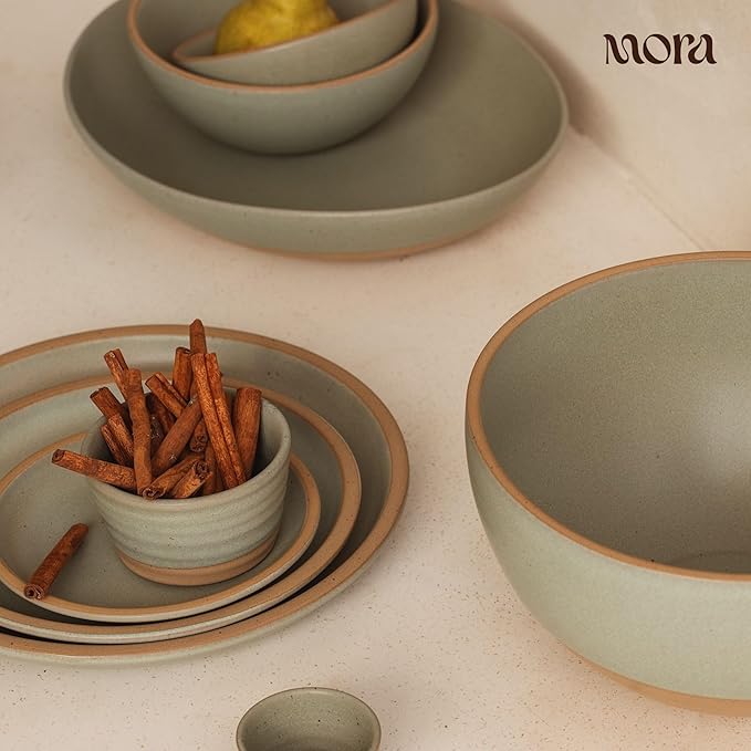 MORA Large Plates Set of 4, 10.5 inch Ceramic Pottery Dinner Plates - Microwave, Oven and Dishwasher Safe - Thyme