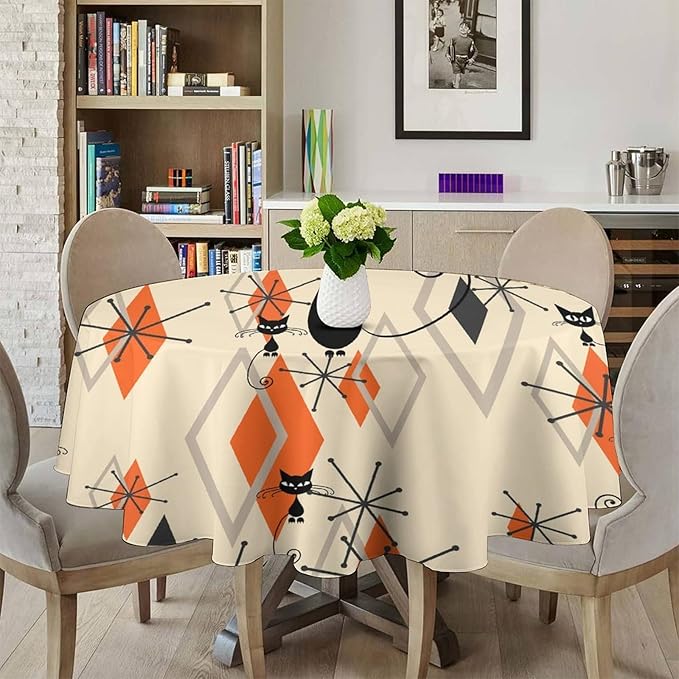 Retro Boho Modern Black Cat Round Tablecloth, Mid Century Boho Moon Abstract Geometric Leaf 50s 60s Style Tablecloth for Home Party Dining Room Kitchen Decor 60Inch(152cm)