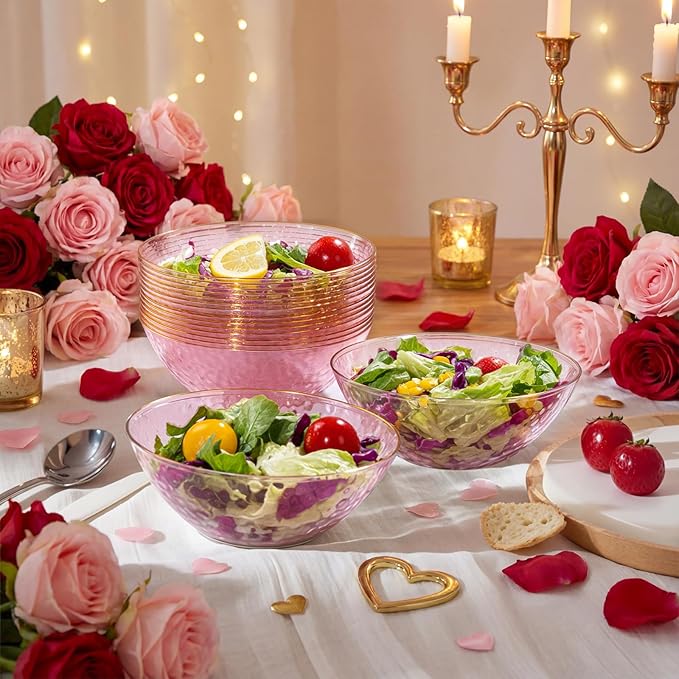 I00000 20 Pack 12 Ounce Pink Plastic Bowls Hammered Gold Rimmed Crystal Like, Heavy duty Disposable Bowl Set,Elegant Soup/Salad/Dessert/Ice Cream Small Bowls For Valentine's Day Party, Weddings