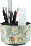 Hennaja Round Leather Art Supply Organizer,Remote Control Holder,360 Degree Rotating,Multi-Functional Pencil Holder,4 Compartments Desktop Stationary Organizer(1-Blue Bird)