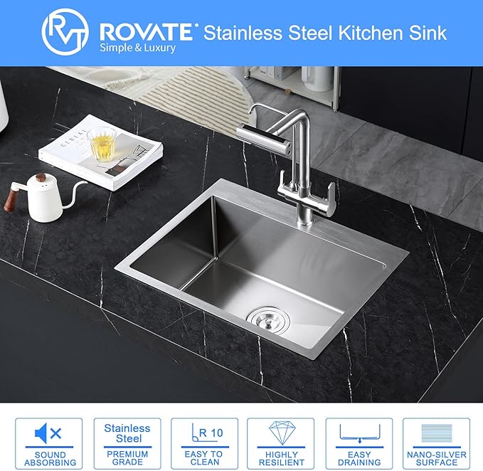 ROVATE 22x18 inches Drop-in Kitchen Sink Single Bowl Stainless Steel with 1 Hole, Handmade Topmount Kitchen Sink with Basket Strainer