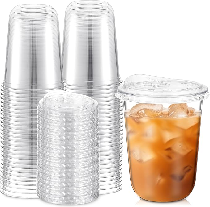 25 Sets 16 oz Clear Plastic Cups with Strawless Sip Lids, Thickened Clear Disposable Plastic PET Crystal Cups for Iced Coffee, Smoothie, Cold Beverage, Drink Shops and Party Catering