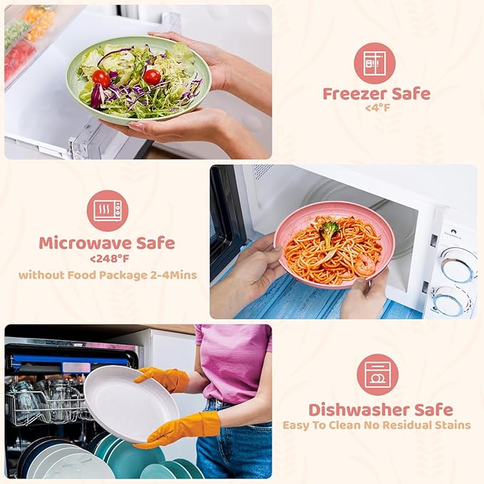 MISS BIG Wheat Straw Plates 8 inches,Plastic Plates Reusable Set of 4,Dinner Plates for Kids&Adults,Dishwasher & Microwave Safe,Eco-Friendly,BPA Free with 4 Colors