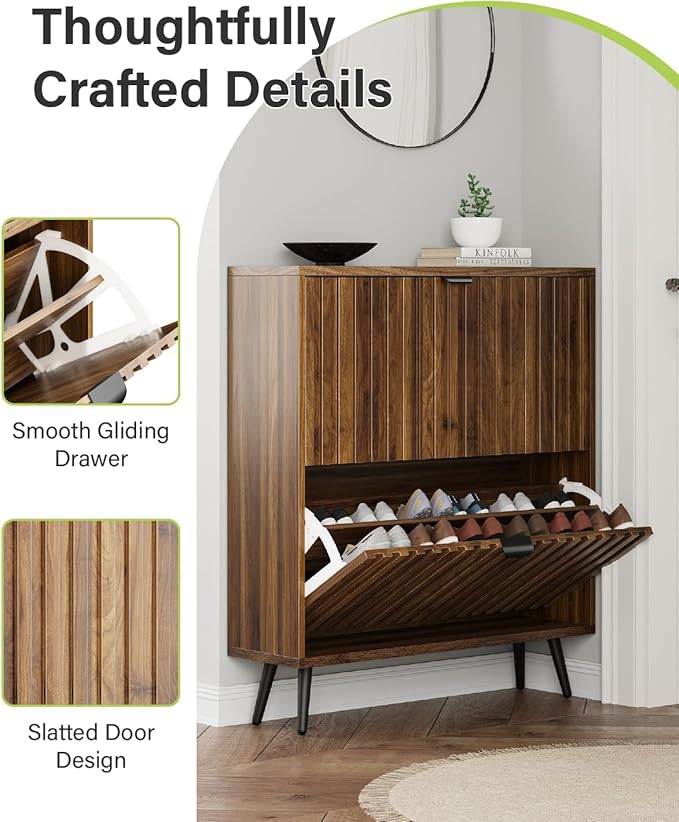 Shoe Storage Cabinet, Fluted Shoe Cabinet Storage for Entryway, Walnut Hidden Shoe Cabinet with Metal Legs,Shoe Organizer Cabinet with Flip Doors, Slim Entryway Shoe Storage Cabinet （31.5in）