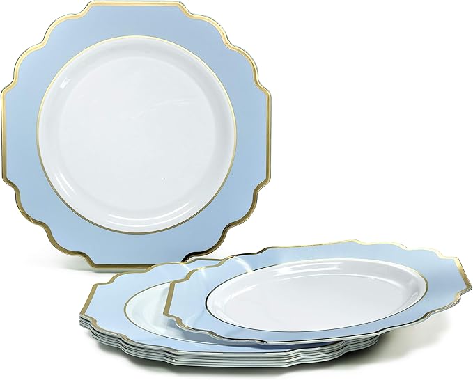" OCCASIONS " 50 Plates Pack (25 Guests)-Heavyweight Wedding Party Disposable Plastic Plate Set -(25x10.5'' Dinner + 25x8'' Salad/dessert (Imperial in White/Blue & Gold)