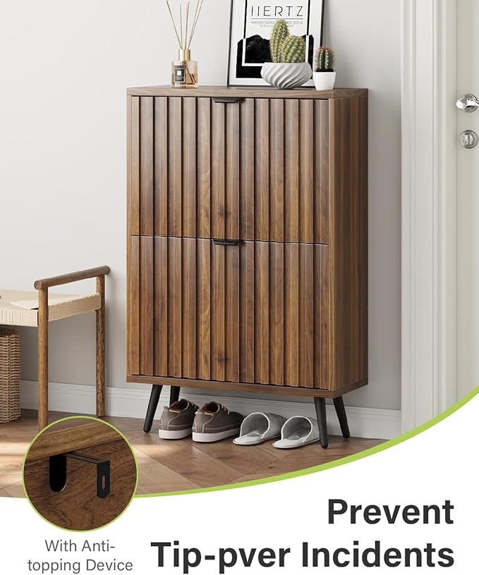 Fluted Shoe Storage for Entryway, Walnut Hidden Cabinet with Metal Legs, Organizer with Flip Doors, Slim Entryway Storage