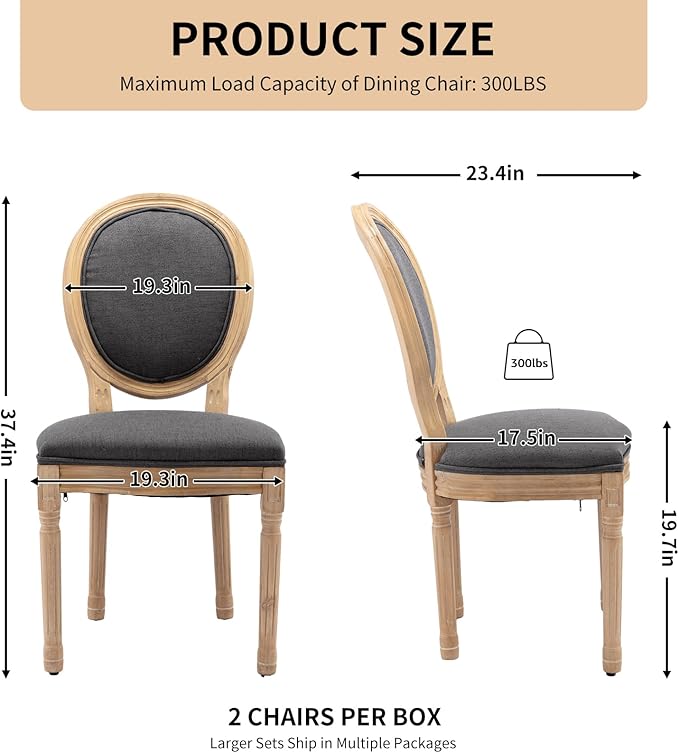 Vintage French Dining Chairs Set of 6, Round Back Accent Chairs with Linen Seat and Solid Wood Frame, Farmhouse Sillas de Comedor Upholstered for Dining Room & Kitchen, Gray