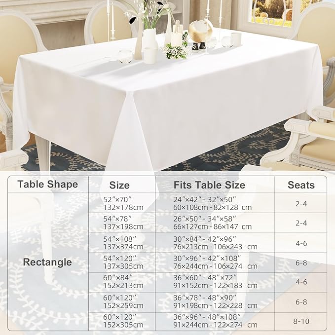 Smiry Rectangle Table Cloth, Waterproof Anti-Scratch Polyester Tablecloth, Decorative Washable Fabric Table Cover for Dining, Buffet, Parties and Outdoor, 54x78, White