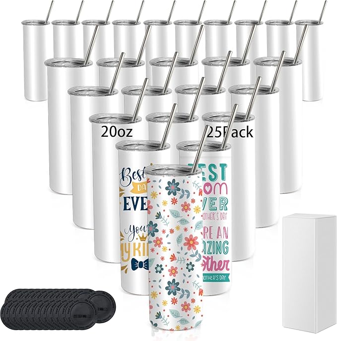 25 Pack Sublimation Tumblers Blank 20 oz Straight Skinny Tumbler with Stainless Steel Straws Rubber Bottom Individually Boxed Sublimation Cups Wholesale Blank White for DIY Craft