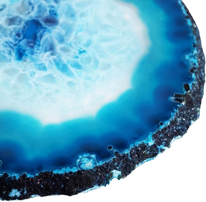 Luxury Lane Set of 4 Large Natural Brazilian Agate Slice Geode Rock Stone Drink Coasters with Wood Holder 4.3-4.7 inch Centerpiece Table Decoration, Ocean Blue