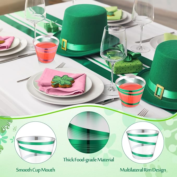 Gejoy 9 oz Rimmed Swirl Plastic Cups Disposable Wine Drinking Cups Clear Elegant Halloween Tumblers for Christmas Party Supplies(Pink, Green,50 Pcs)