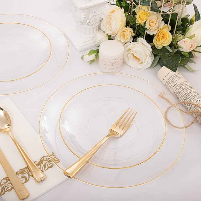 Nervure 100 Pieces Clear and Gold Plastic Plates - 10.25inch Gold Dinner Plate - Heavyweight Clear Disposable Plates Ideal for Party & Wedding