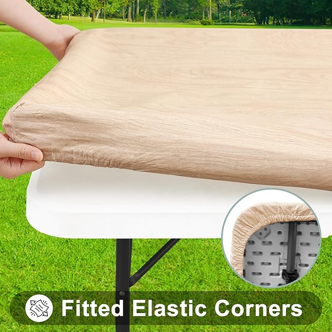 Smiry Rectangle Table Cloth Cover, Waterproof Elastic Fitted Picnic Tablecloth for 5 Foot Tables, Wipeable Flannel Backed Vinyl Tablecloths for Camping, Dining, Outdoor (Beige Wood, 30" x 60")