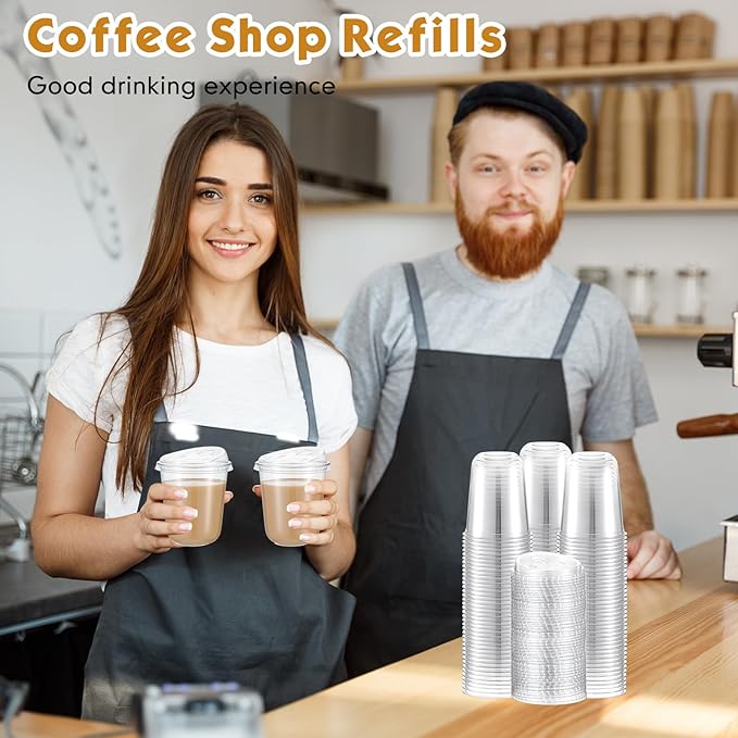 Baderke 100 Pcs Plastic Cups with Sip Lids Round Bottom Disposable Plastic Coffee Cups with Lids Clear Strawless Crystal Mugs for Iced Coffee Smoothie Cold Beverage Party Catering Supplies (14 oz)