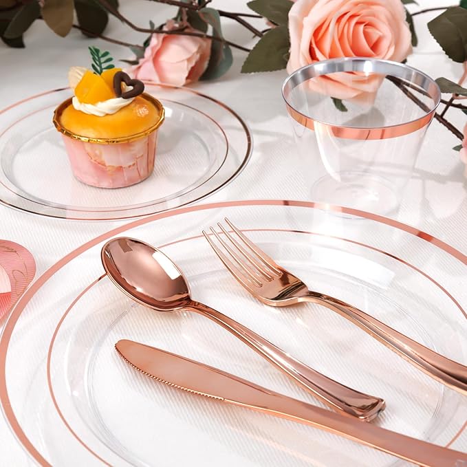 bUCLA 600PCS Clear Rose Gold Plastic Dinnerware Set Disposable - Include 100 Dinner Plates, 100 Dessert Plates, 100 Knives, 100 Forks, 100 Spoons, 100 Cups for Party, Wedding & Valentines Day