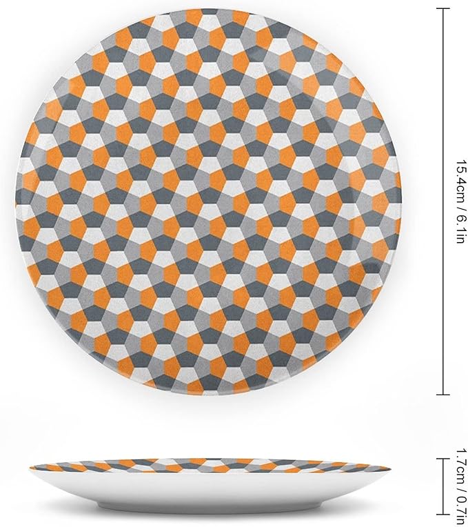 Ceramic Display Plate, Abstract Ceramic Hanging Decorative Plate, Modern Style Mosaic Tile with Hexagonal Shapes, 7 Inch, Living Room Kitchen Decoration Household, Grey Charcoal Grey Orange
