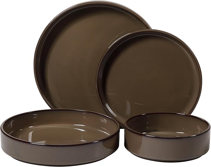 Bloomhouse - Two Time Oprah's Favorite Things WInner - Santorini Mist 16 Piece Double Bowl Terracotta Dishes Reactive Glaze Plates and Bowls Dinnerware Set - Driftwood Brown - Service for 4