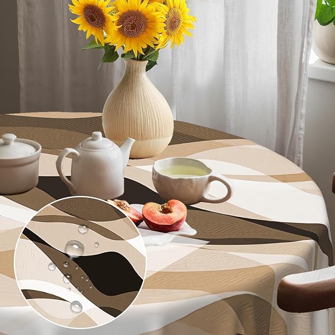 Laeacco 36 Inch Brown Modern Round Tablecloth Striped Geometric Abstract Art Print Table Cloth Washable Waterproof Wrinkle Free Table Cover for Kitchen Dining Picnic Party Decoration