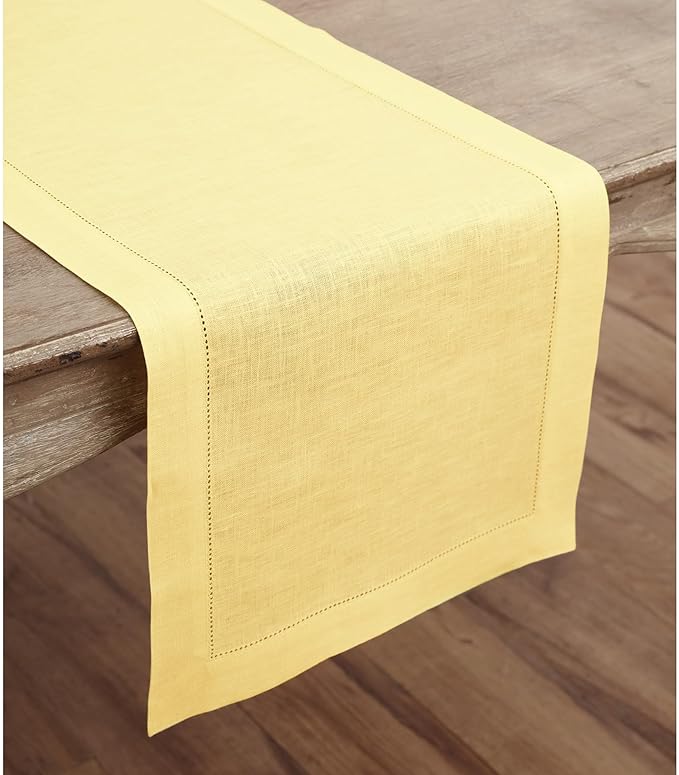Solino Home Linen Yellow Table Runner 48 Inches - Classic Hemstitch, 100% Pure Linen Coffee Table Runner 14 x 48 Inch Ideal for Dresser Tables, Valentines, Spring, Easter