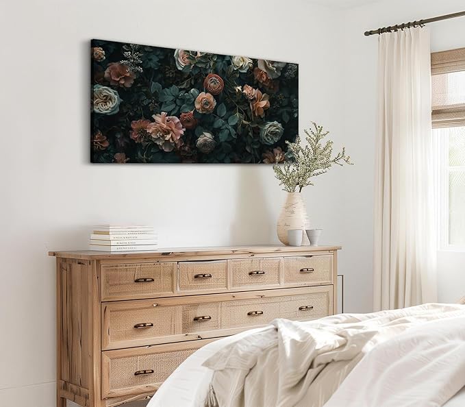 ADJUVANT Wall Art Floral 48"L x 24"W, Dark Hued Vintage Flowers With Lush Foliage Canvas Painting Elegant Blooms Artwork Retro Garden Prints Floral Wall Decor for Living Room Bedroom Study Home Office
