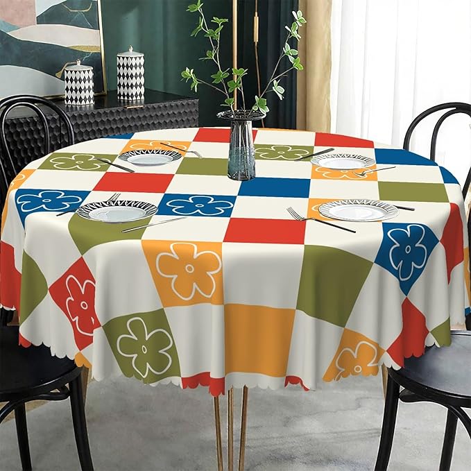 Laeacco 48 Inch Plaid Round Tablecloth Colorful Buffalo Plaid Flower Modern Geometric Abstract Art Print Table Cloth Washable Waterproof Wrinkle Free Table Cover for Kitchen Dining Picnic Party Decor