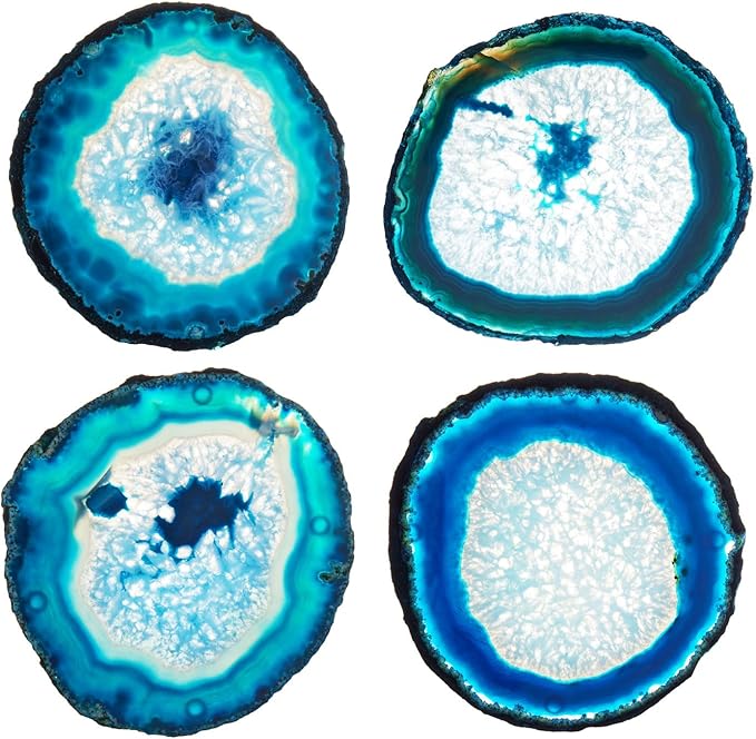 Luxury Lane Set of 4 Large Natural Brazilian Agate Slice Geode Rock Stone Drink Coasters with Wood Holder 4.3-4.7 inch Centerpiece Table Decoration, Ocean Blue
