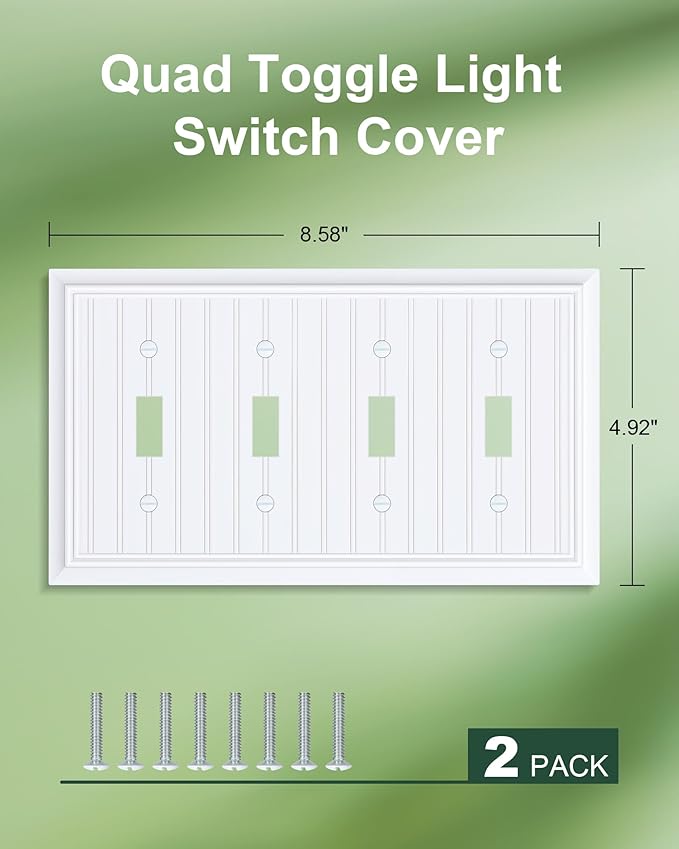 2-Pack Classic Beadboard Quad Toggle Light Switch Cover Plate, Pure White Decorative Switch Plate Covers, Natural Bamboo Fiber 4 Gang Wall Plate for Toggle Light Switch and Rotary Dimmer Switch
