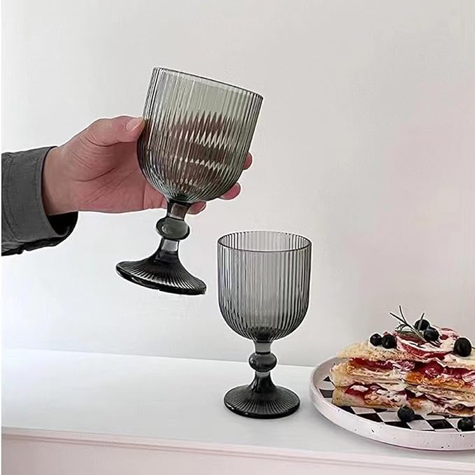 Water Goblets set of 6 Vintage Glassware 13 oz Colored Wine Glass Drinking Glass Vertical Line Embossed Pattern Stemmed Cups for Wedding Party Bar Grey