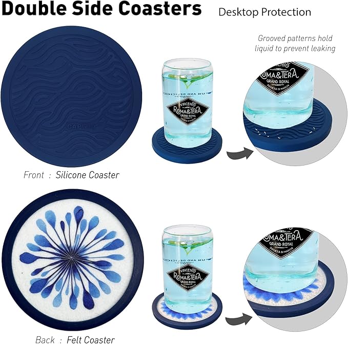 Indigo Floral Non-Slip Silicone Coasters, 4-Pack Double-Sided Absorbent Cup Mats for Hot & Cold Drinks, Scratch & Water Ring Protection for Wood Tables, Home Office Bar Use (6PC)