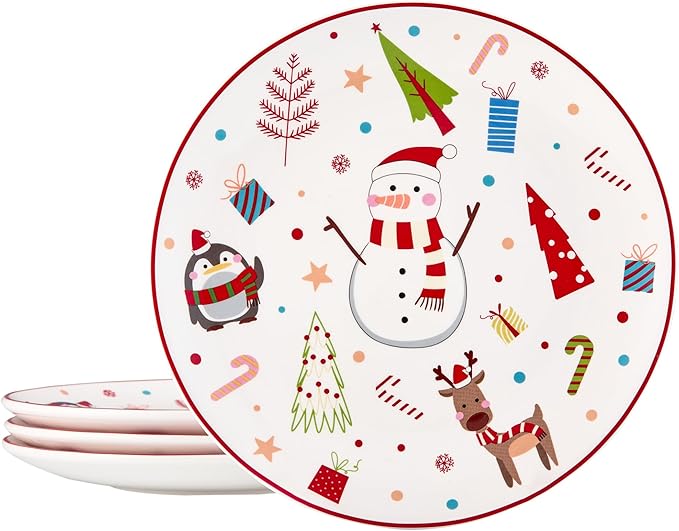 Bico Christmas Merry Crew Salad Plates Set of 4, 8.75 Inch Ceramic Dessert Plates for Salad, Appetizer, Side Dishes, Microwave and Dishwasher Safe, Gift for Housewarming and Christmas