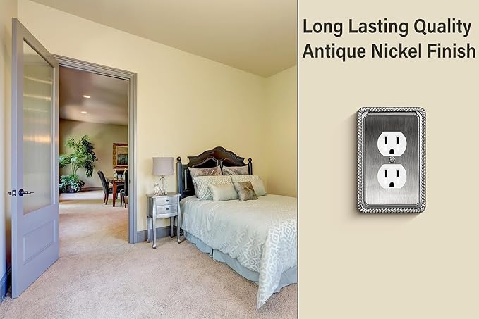 Henne Bery Rope Edge Decorative Wall Plate Switch Plate Outlet Cover (Single Duplex, 3 Pack, Heirloom Silver)