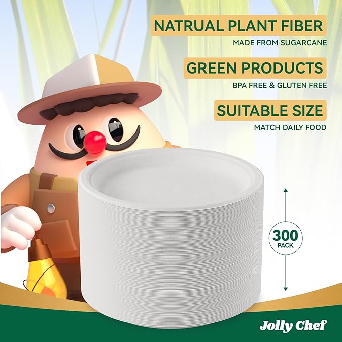 JOLLY CHEF Compostable Heavy Duty Plates 𝟭𝟬 𝗜𝗻𝗰𝗵 [𝟯𝟬𝟬 𝗣𝗮𝗰𝗸] Eco-Friendly Disposable White Uncoated Paper Plates Bagasse Sugarcane Biodegradable for Hot Cold Food Party Dinner Weddings
