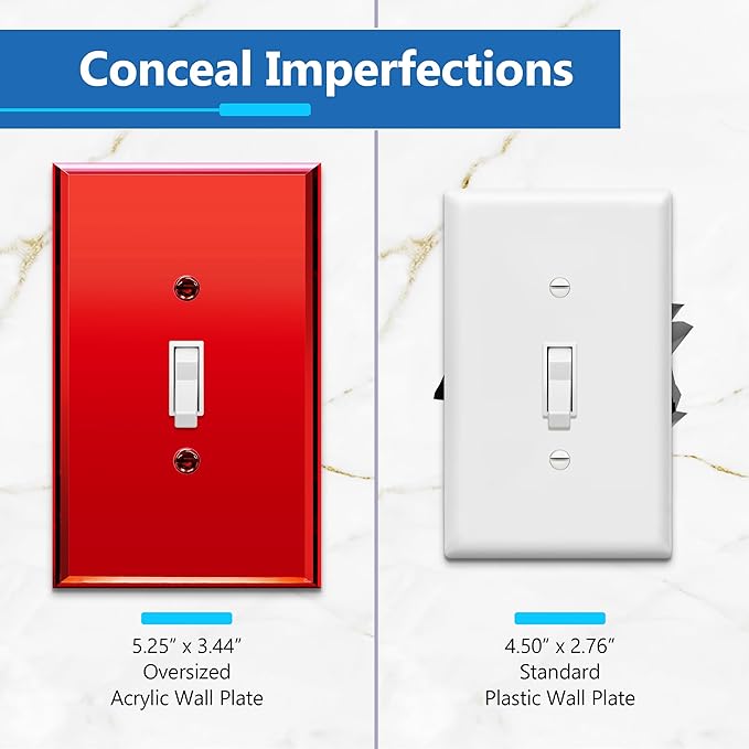 LIDER Reflective Acrylic Toggle Switch Wall Plate, Mirrored Light Switch Cover, Plexiglass Cover Plate, Acrylic Glass, Oversized 1-Gang 5.25" x 3.44", LWP-11O-ARD5P, Red, 5 Pack