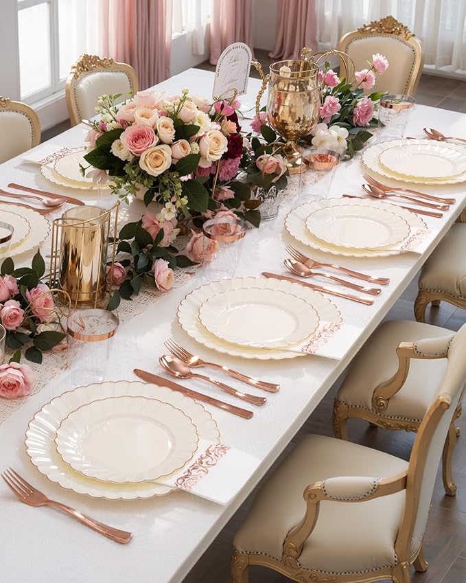 YOUBET 175PCS Ivory Scalloped Plastic Plates - Rose Gold Disposable Dinnerware Set Include 50 Plates, 75 Rose Gold Silverware, 25 Cups, 25 Napkins for Party & Wedding & Baby Shower