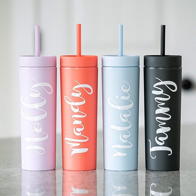 STRATA CUPS Multicolor Skinny Tumblers with Lids and Straws (12 pack) - 16oz Double Wall Acrylic Tumbler, Tall Matte Skinny Tumblers, Bulk with Free Straw Cleaner, Reusable Cups