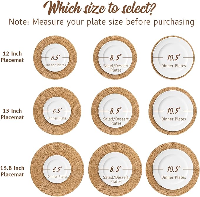 13.8 in Round Woven Placemats Plate Chargers Set of 6, Boho Farmhouse Rustic Woven Place Mats for Dining Table Decor, Rattan Wicker Table Mats Jute Braided Chargers for Dinner Plates