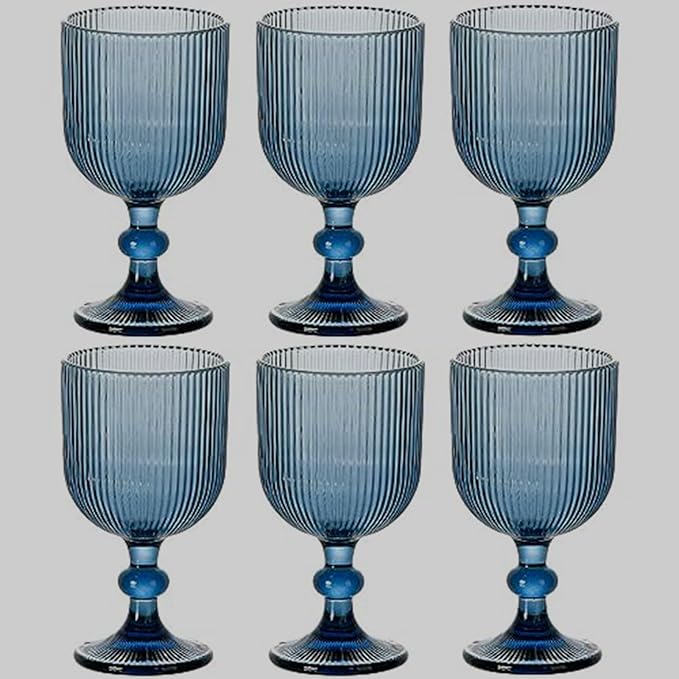 Blue Glasses Drinking Water Goblets set of 6 Big Vintage Glassware 13oz Colored Wine Glasses for Wedding Party Bar Vertical Line Embossed Pattern Stemmed Cups 400ml