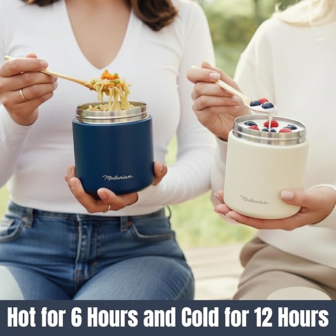 Stainless Steel Insulated FoodJar Set of 2 (16oz + 12oz) | Wide Mouth | Soup Thermo for Hot Food Lunch Container | Thermal LunchBox | Insulated Soup Bowl | Hot and Cold Lunch Box for Adults | Vanilla