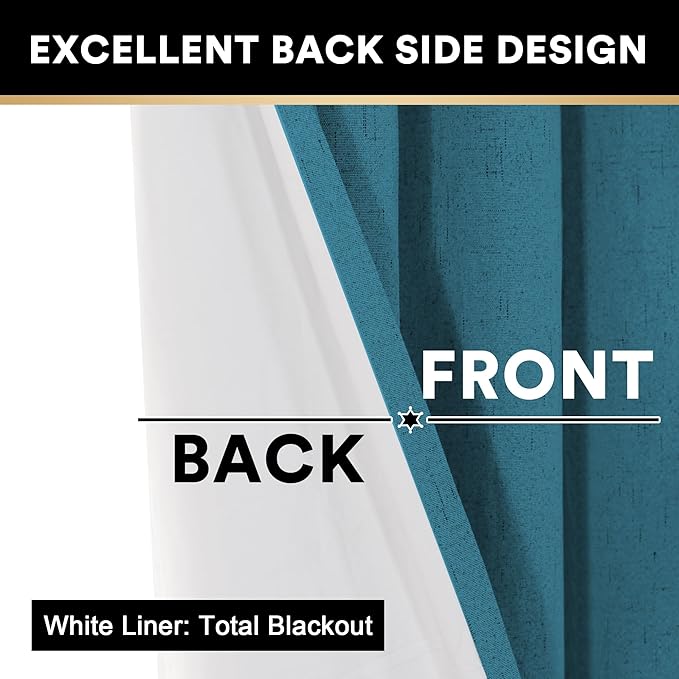 PrinceDeco Blackout Curtains for Bedroom 84" Long Thermal Insulated with White Liner Textured Linen Look Curtain Draperies, Grommet Vertical Drapes Privacy for Hall Room, 2 Panels, Blue Sapphire