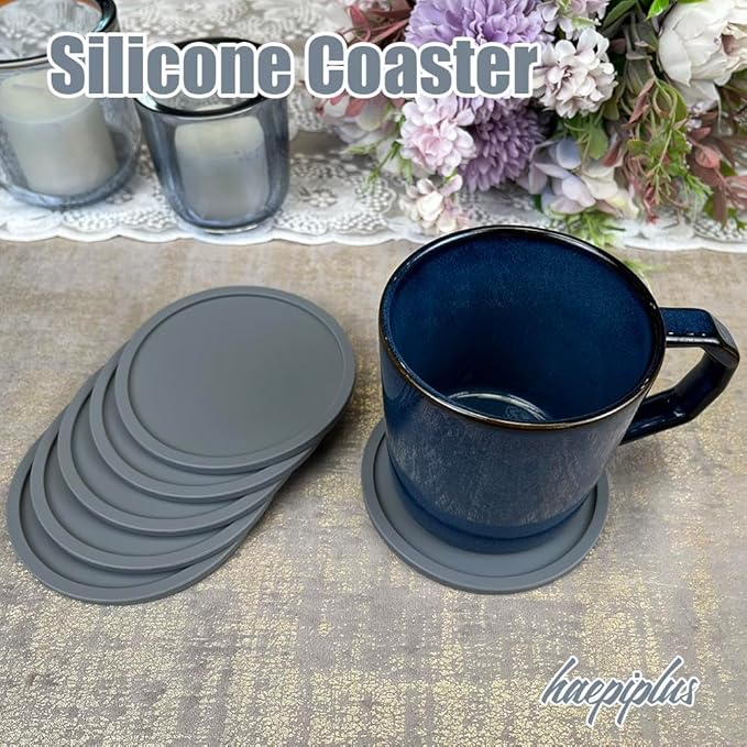 6 Pieces Silicone Coasters, Cup Coasters for Drinks, Heat Resistant Glass Cushion, Coffee Coaster for Table, Desk, Kitchen, Office, Bar Furniture Protection, Hot Cup Mat (Grey)